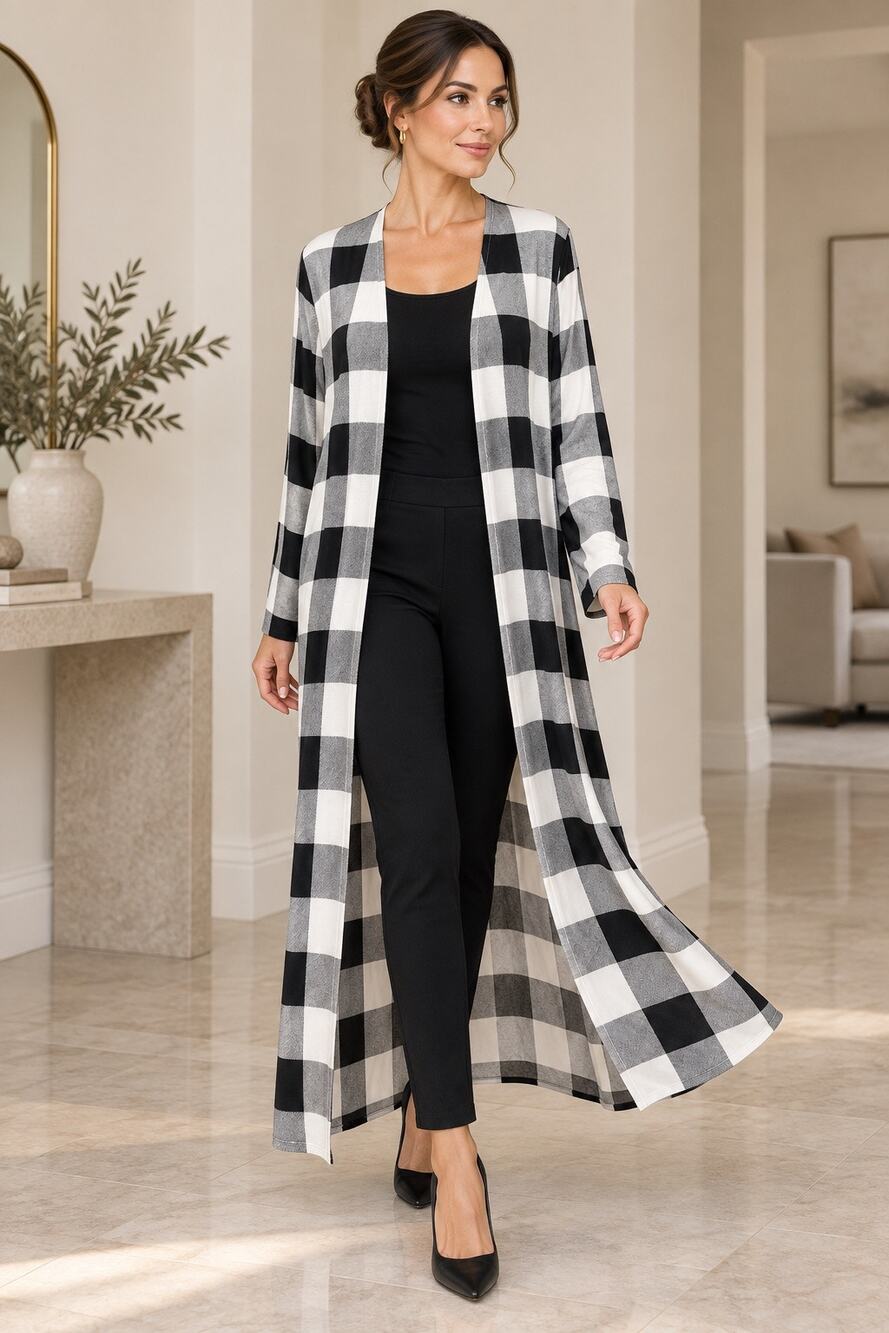Cardy Couture Lovely J Size 1XL Plaid Lightweight Maxi Duster Cardigan